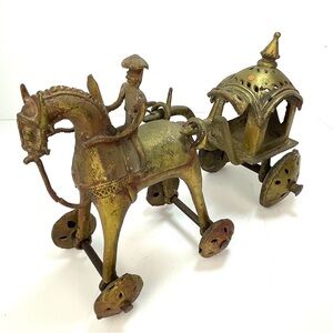 Antique Indian Temple Horse/Carriage and Rider Brass Cast Ceremonial Toy